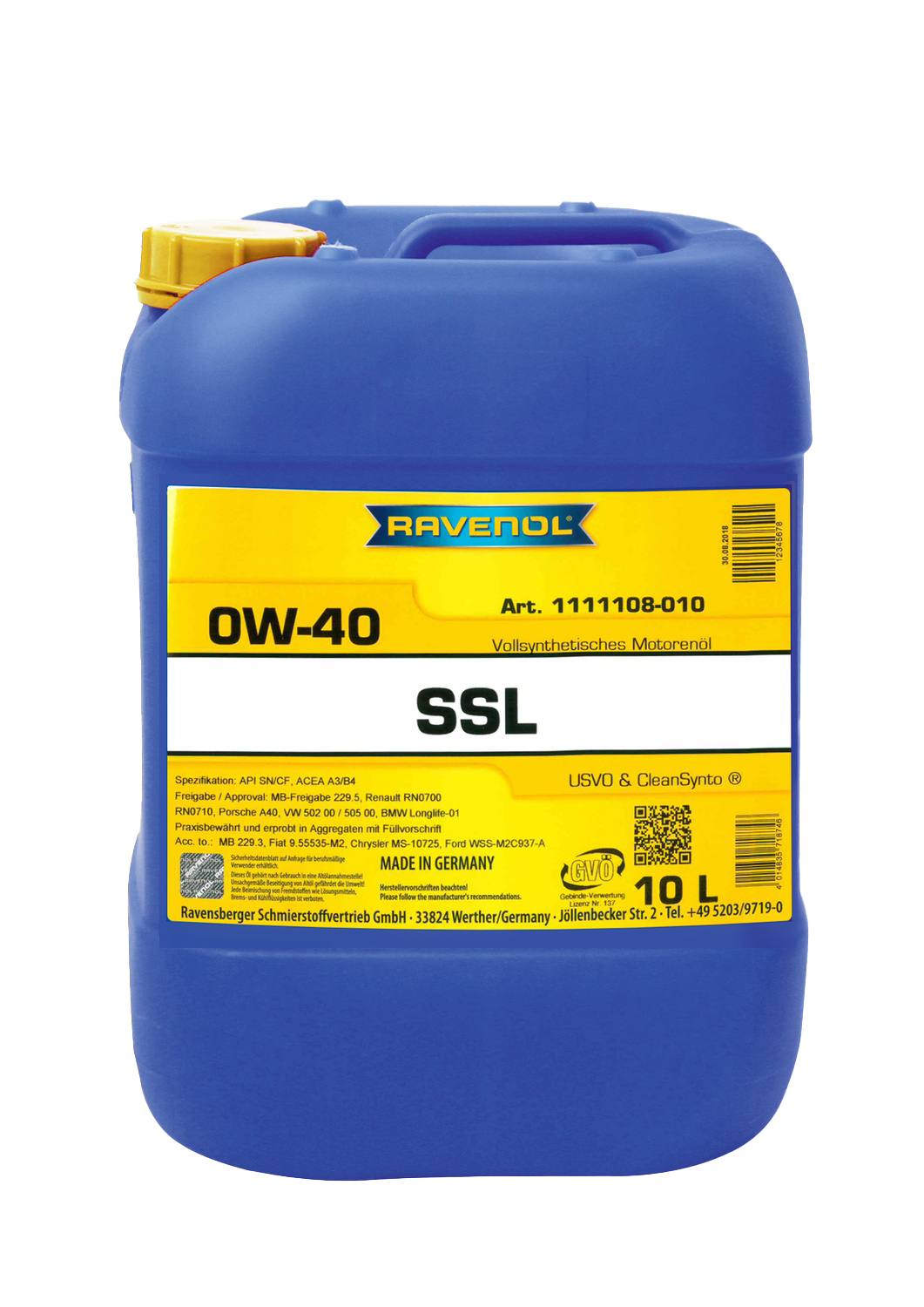Моторное масло Ravenol Super Synthetik Oel SSL SAE 0W-40, 10л